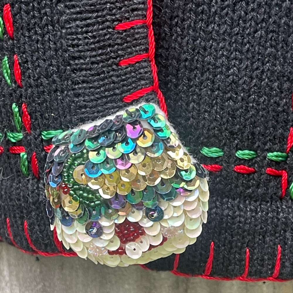 Vintage Christmas Sweater Black Cardigan with Holiday Accents - Size L - Picture 8 of 12
